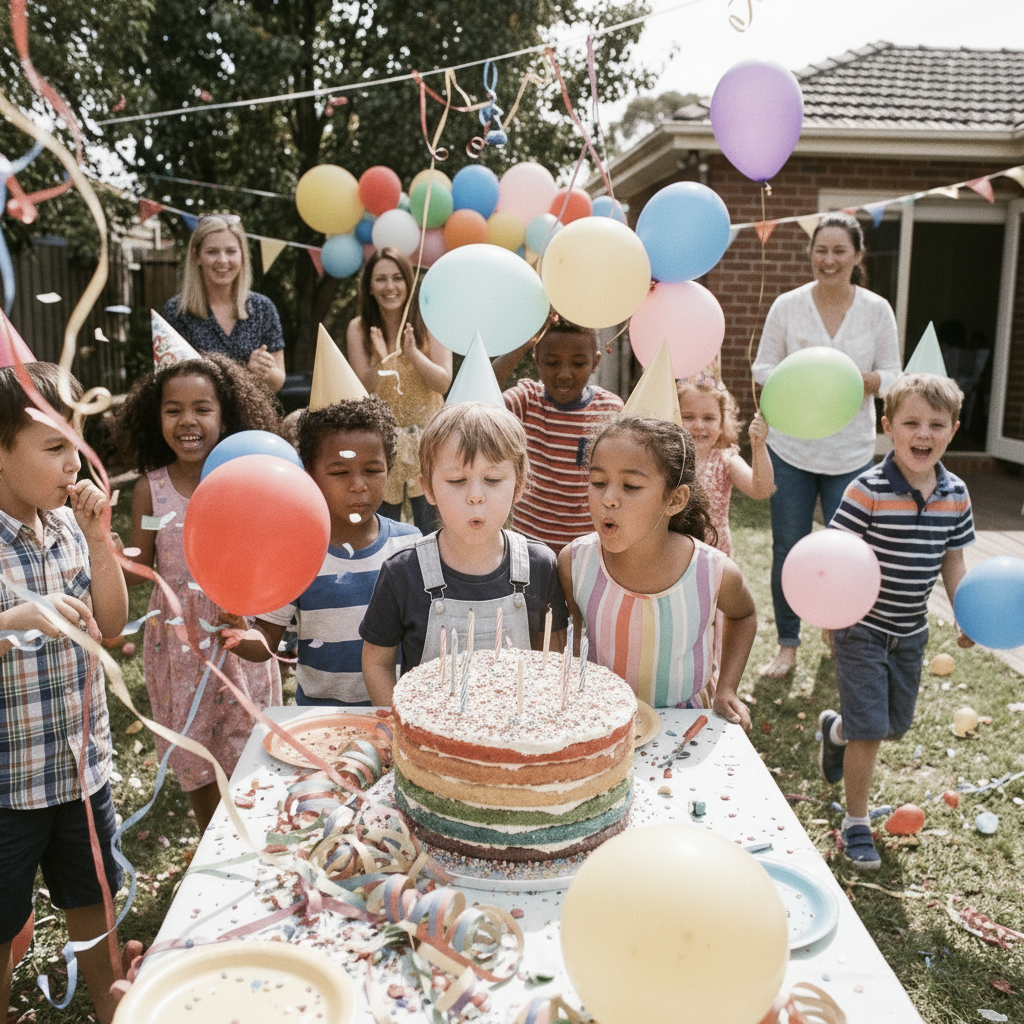 Children gather around a rainbow cake at a festive backyard birthday party.