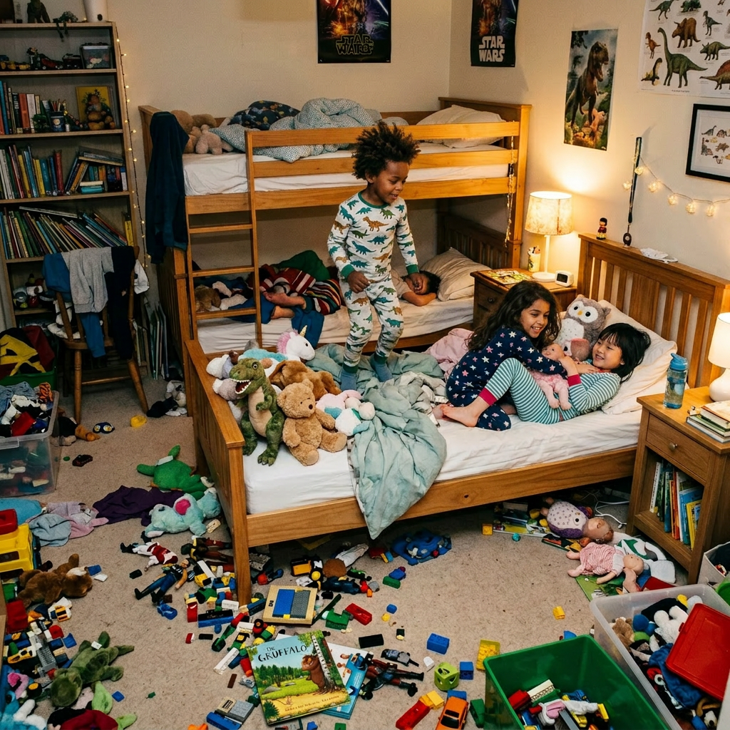 Three children playing energetically on and around bunk beds in a cluttered bedroom filled with toys and stuffed animals