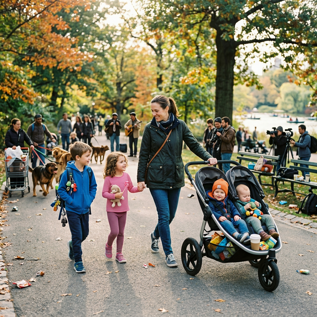 Mother walking with two children on a path while pushing twin stroller with two babies