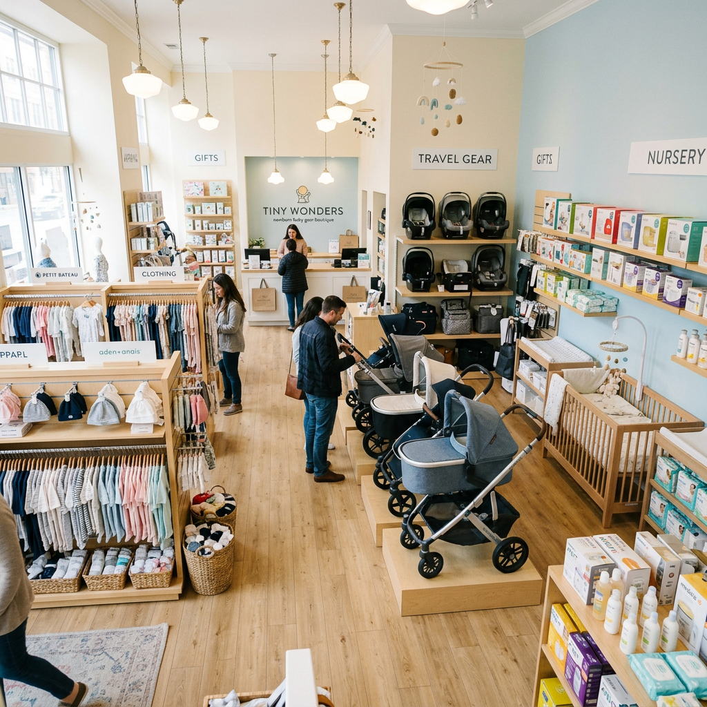 Interior of a baby gear store with strollers, clothing racks, and nursery products